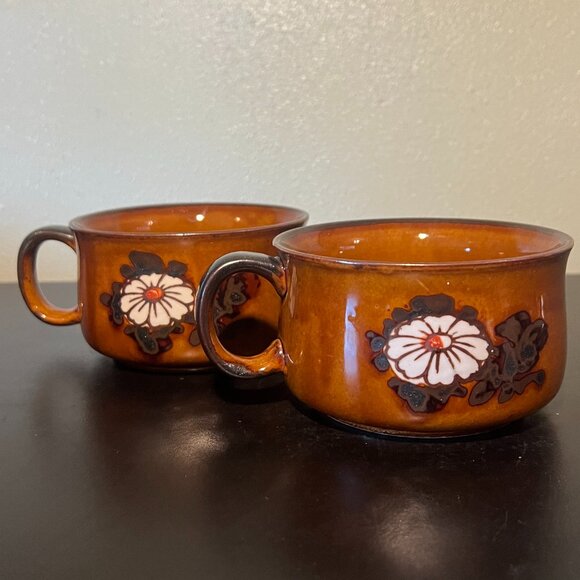 Set of 2 Vintage Otagiri Caramel Glazed Stoneware Daisy Flower Mugs / Soup Bowls - Picture 4 of 14
